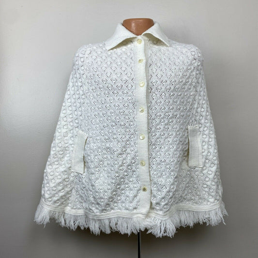 1970s White Knit Cape w/Fringe, Poncho, Button Front Collar Boho Sweater