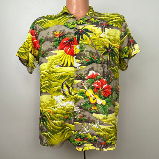 1940s/50s PALI Hawaiian Style Chartreuse Rayon Aloha Shirt, Size Medium, Surfer, Flying Fish