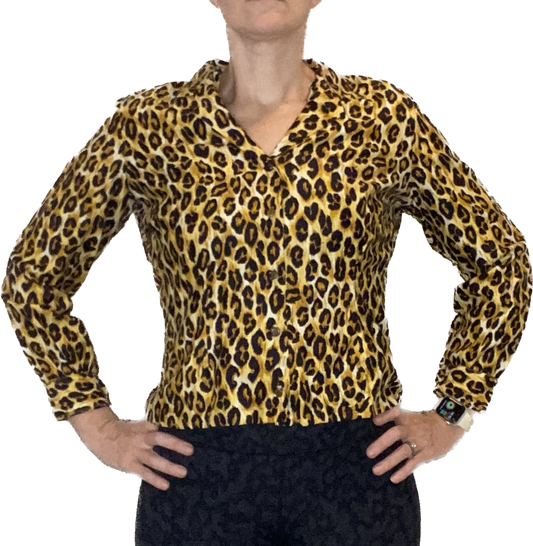 1940s/50s Leopard Print Blouse, Size S/M, Handmade, Long Sleeves