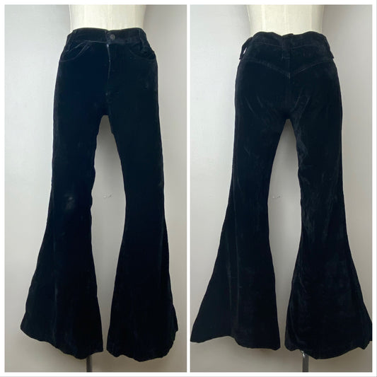 1970s Black Velvet Bell Bottom Pants, Size Small, Mid Rise 27.5" Waist