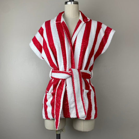 1960s/70s Terry Cloth Beach Jacket, Size S/M, Red and White Stripes, Bathing Suit Swim Cover Up