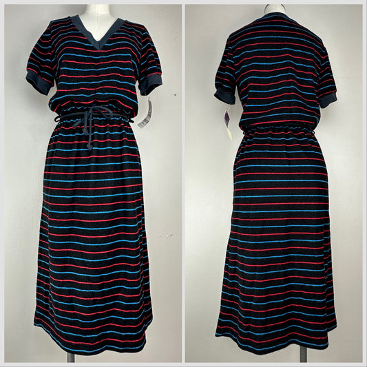 1970s Striped Velour V-Neck Dress, Size Small, Deadstock with Tags