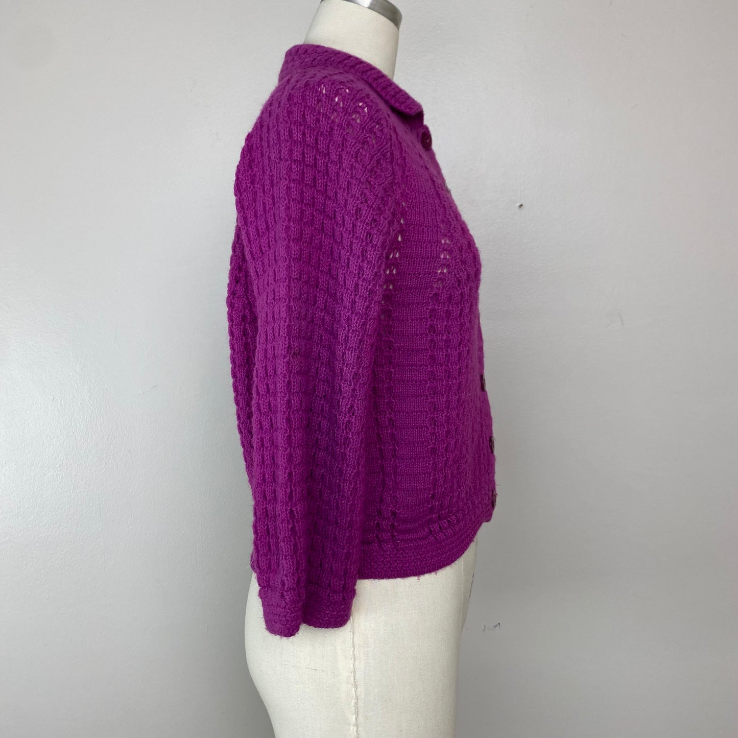 1950s Fuschia Purple Cardigan Sweater, Featherknits, Size Small, 3/4 Sleeves