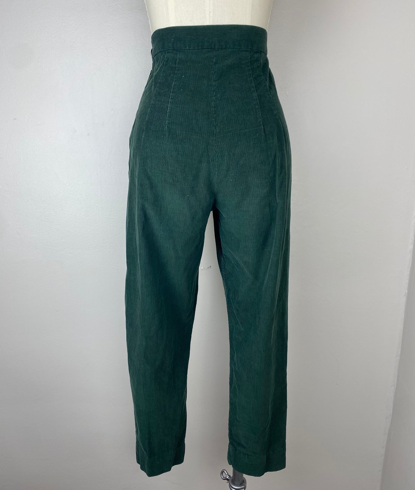 1950s Green Corduroy Pants, Size XS, Side Zip, Pleated, Cropped Tapered Leg