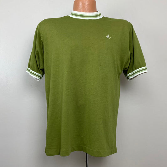 1960s Munsingwear Grand Slam T-Shirt, Size Large, Green Ringer, Penguin, Underarm Gussets