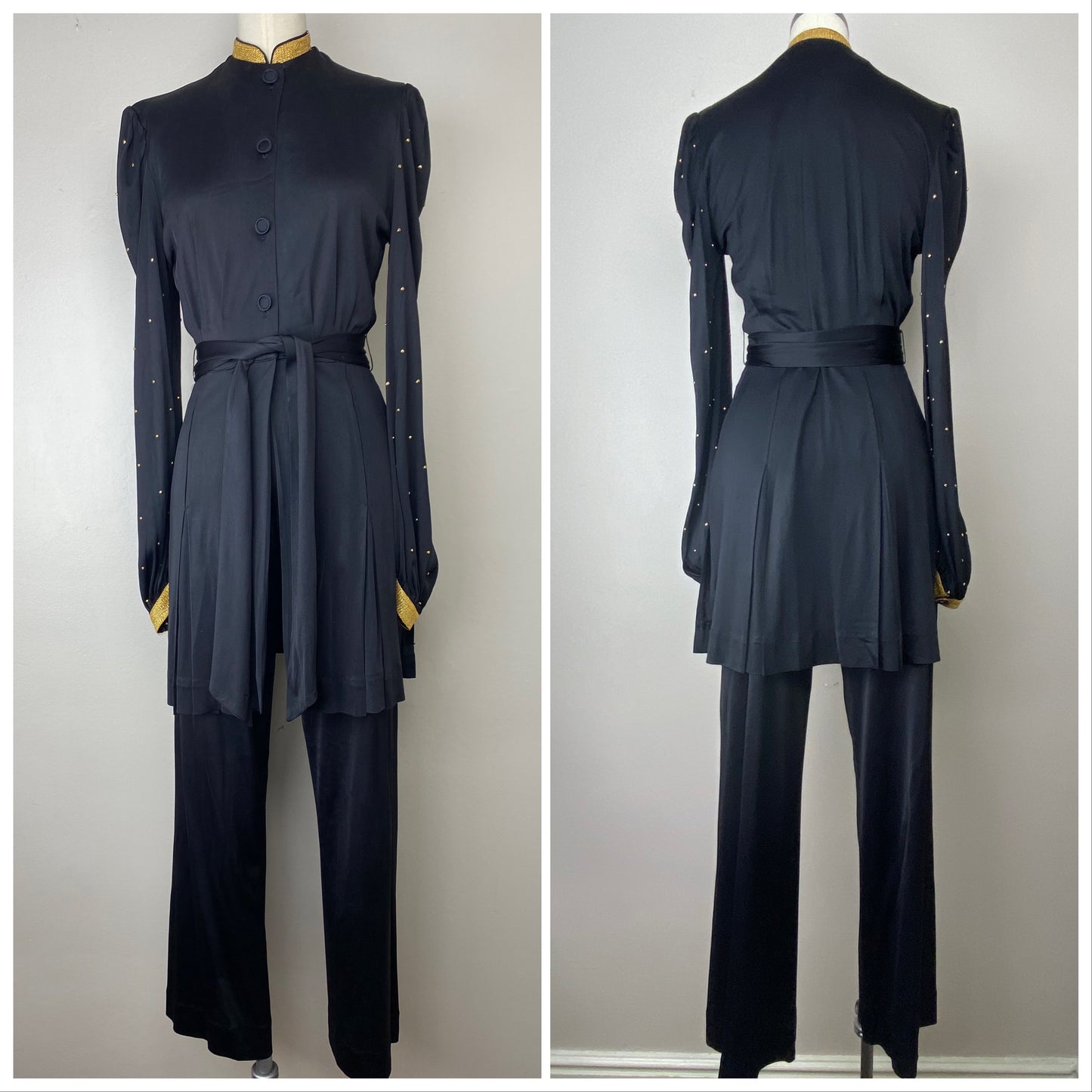 1940s Hostess Pajamas, Studded Black Cold Rayon Pant Suit, Ruth Ann of Dallas Size XS/S, Documented 1946