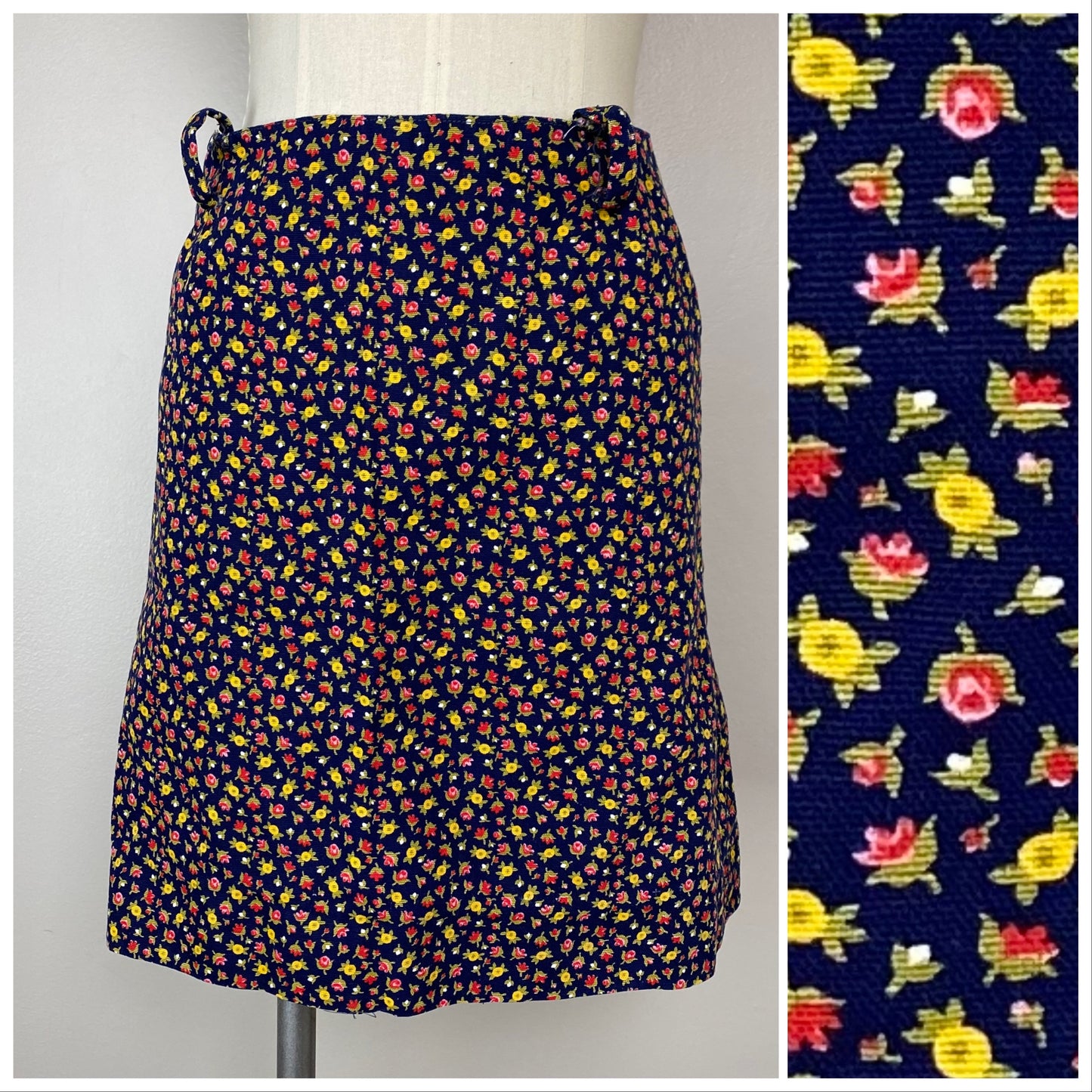 1960s Navy Blue Floral Mini Skirt, Handmade, Size Small