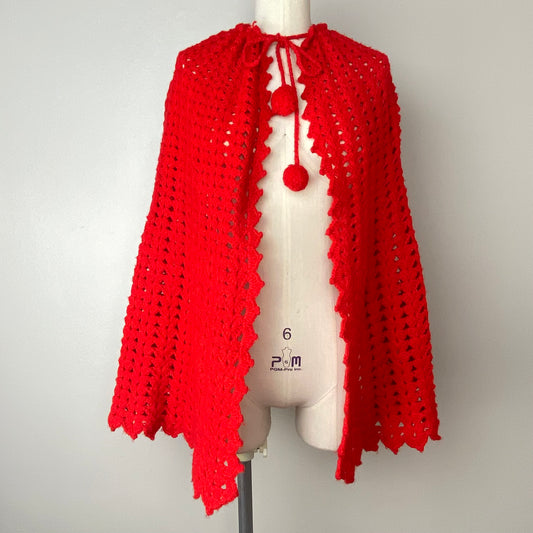 1970s Red Crochet Cape, Drawstring neck with Pom Poms