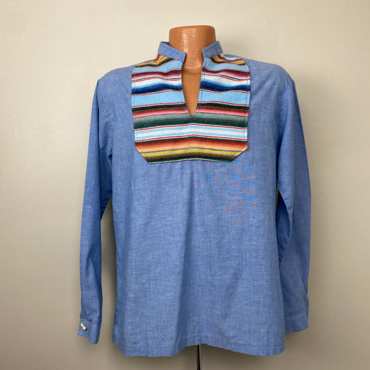 1960s/70s Pull Over Chambray Shirt with Stripe Blanket Yoke, Kennington, Size Large