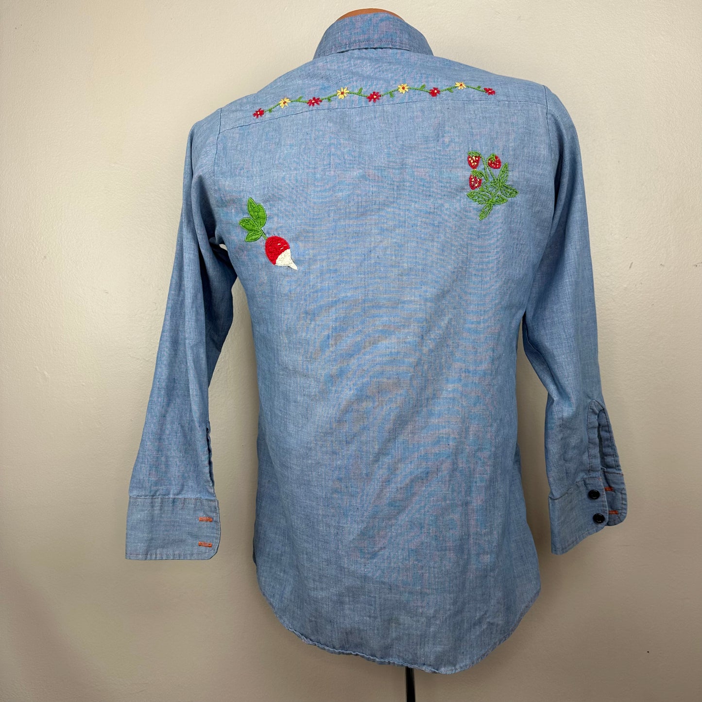 1970s Chambray Shirt with Embroidery, Towncraft Size Small