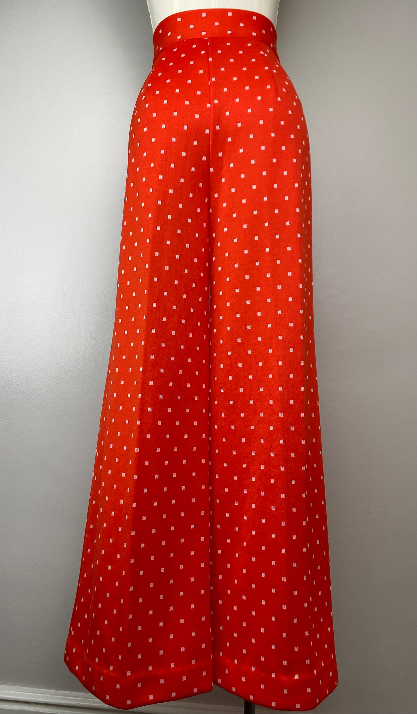 1970s Red Polka Dot Bell Bottom Pants, 27"x30.5"