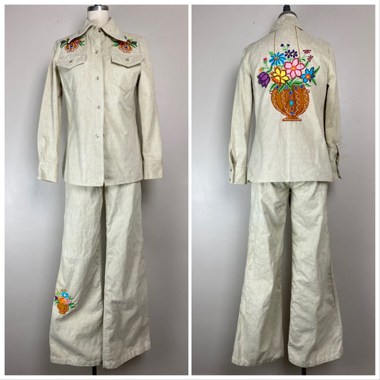 1970s Dotti Didit Embellished Suit, Size Small, Brushed Denim with Embroidery, Beading, Western Jacket + Bell Bottom Jeans, 26"x31"