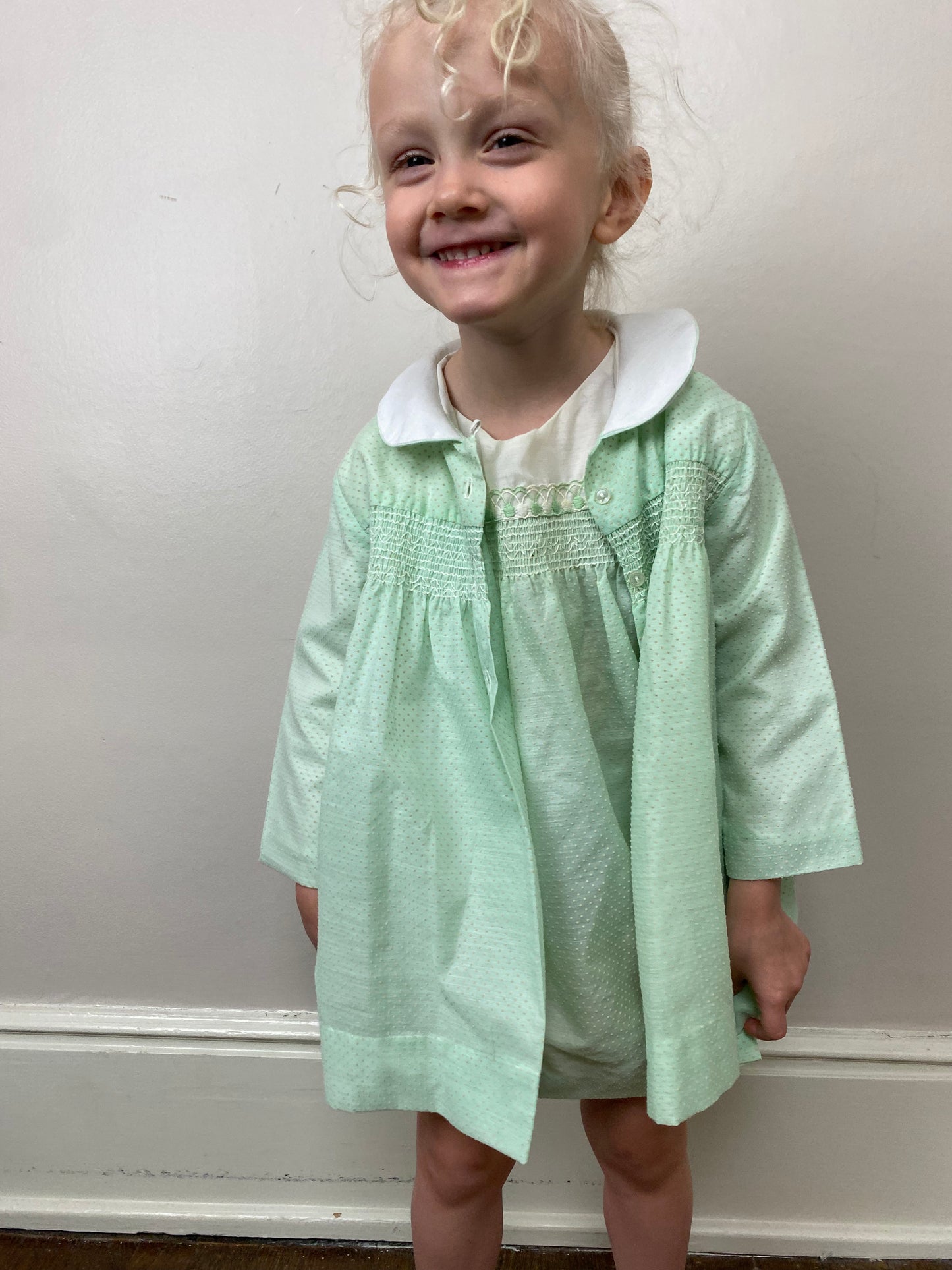 1960s/70s Pale Green Swiss Dot Dress with Jacket Set, Size 3T