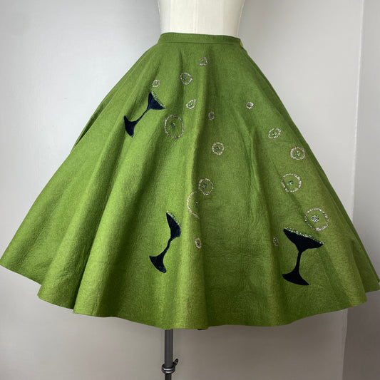 1950s Felt Circle Skirt with Champagne Appliqué, Fligelman New York Size X-Small, Glitter Bubbles