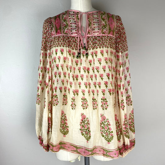 1970s Floral Indian Gauze Blouse, Size S/M
