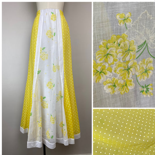 1970s Chessa Davis Maxi Skirt, Size M/L, Flocked Floral, Yellow