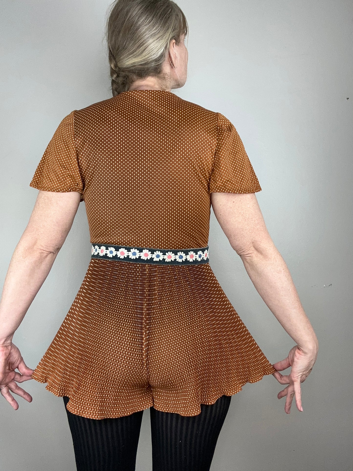 1970s Brown Polka Dot Zip Front Romper, Size Small-Medium, Accordion Pleats