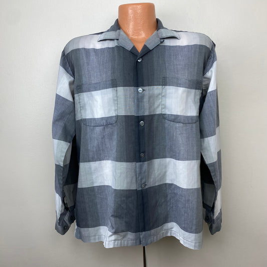 1950s Grey Plaid Loop Collar Long Sleeve Shirt, McGregor Magic Cloth Size Large