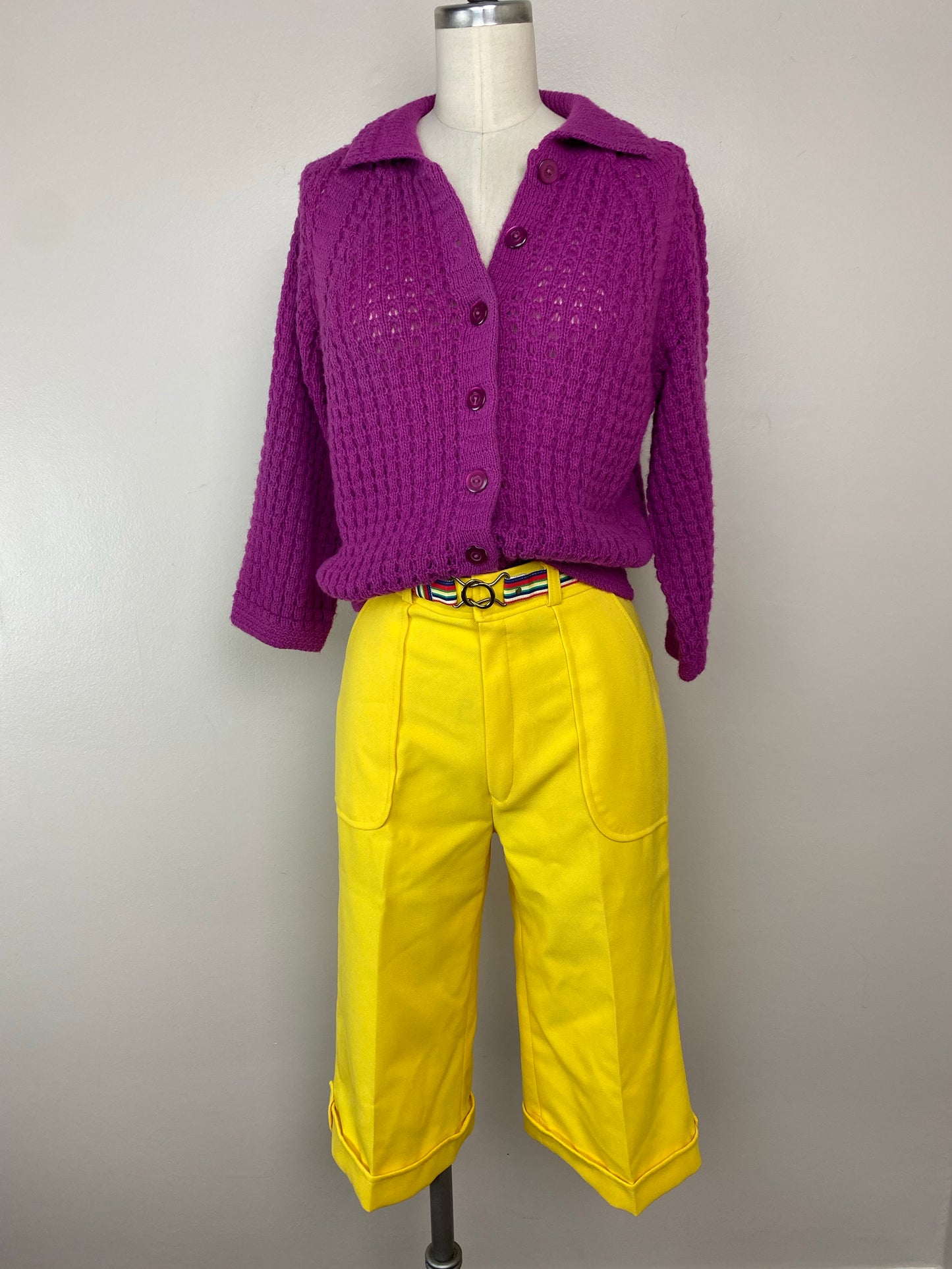 1970s Cropped Yellow Pants, Sears Mates, Size XS, 25.5"x16", plus Striped Ribbon Belt