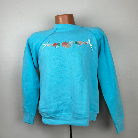 1980s Cross Stitched Sweatshirt, Hearts, Size Medium