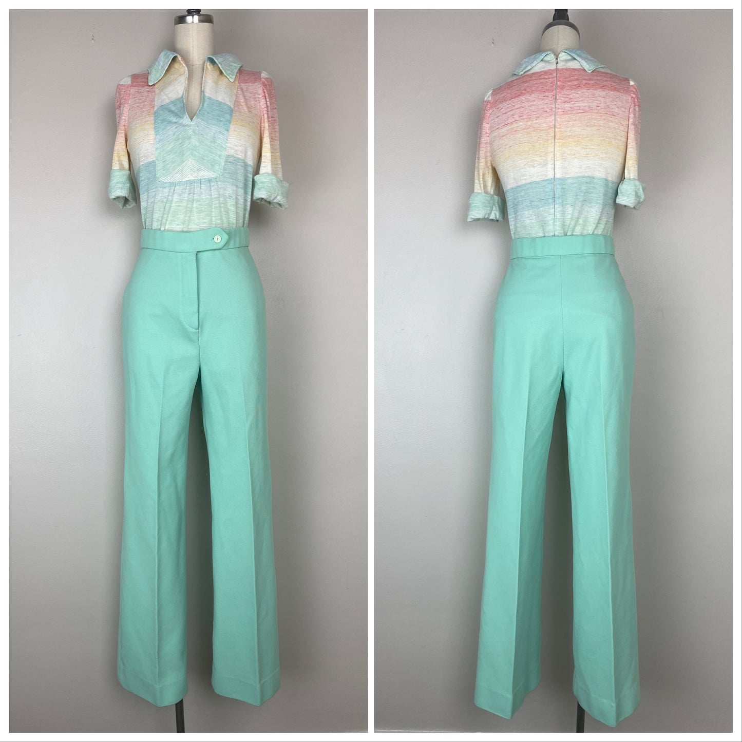 1970s High Waisted Bell Bottom Pants, Mint Green, Center Stage II, Textured Double Knit