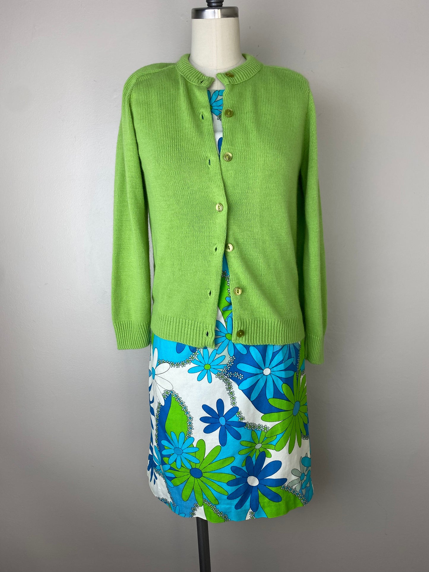 1960s Lime Green Cardigan Sweater, Size Small, Soft Acrylic