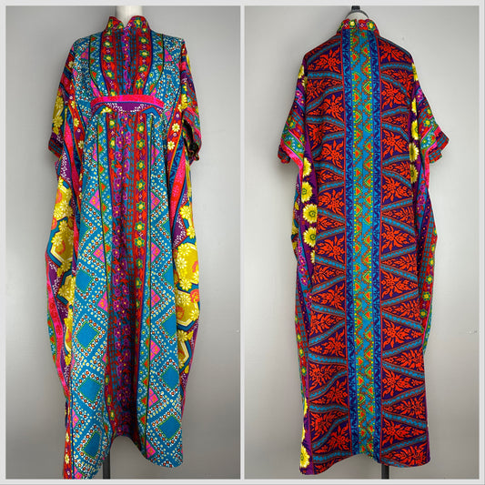 1960s Bright Floral Stripe Barkcloth Kaftan, Open Sizing