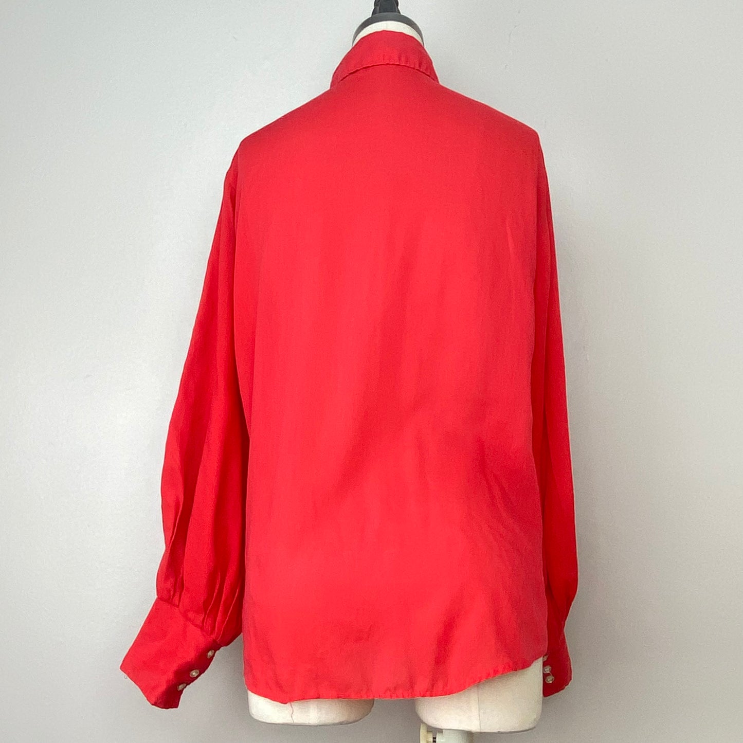 1960s Red Blouse, Size Medium, Dagger Collar, Balloon Sleeves