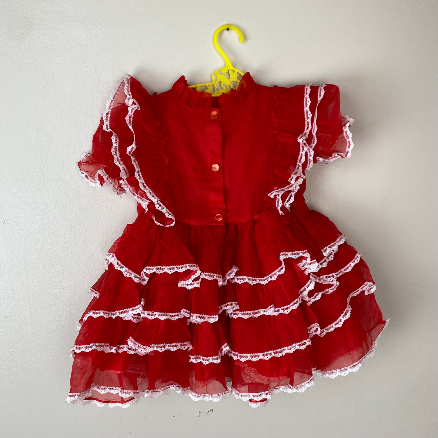 1980s "Fancy This" Sheer Red Frilly Dress, Size 3/4