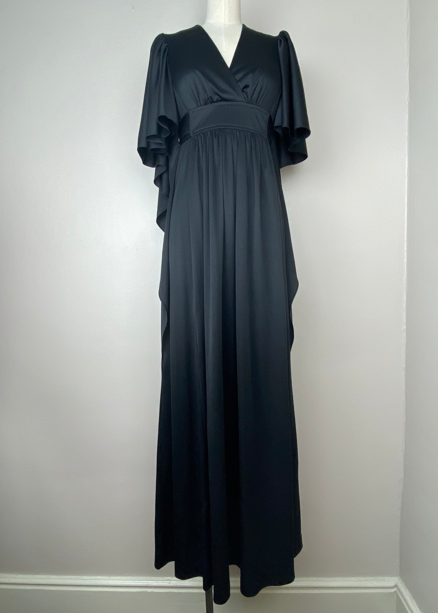 1970s Black Maxi Dress with Flutter Sleeves, Jerell of Texas, Size S/M