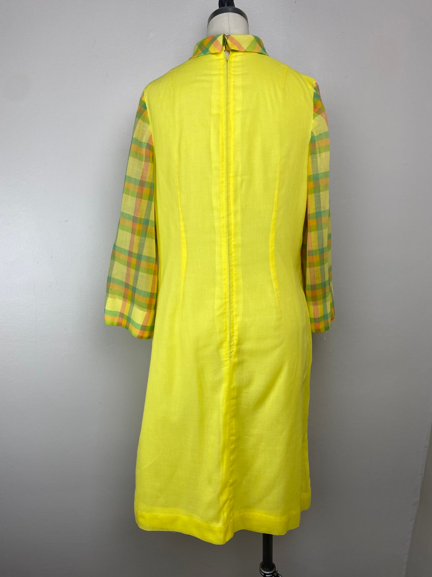 1960s Mod Yellow Dress with Plaid Sleeves, Size Medium