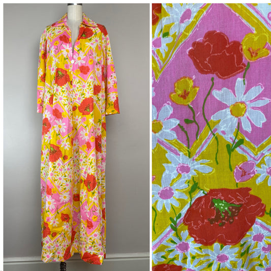 1960s Miss Elaine Housecoat, Size S/M, Zip Up Robe, Bright Floral
