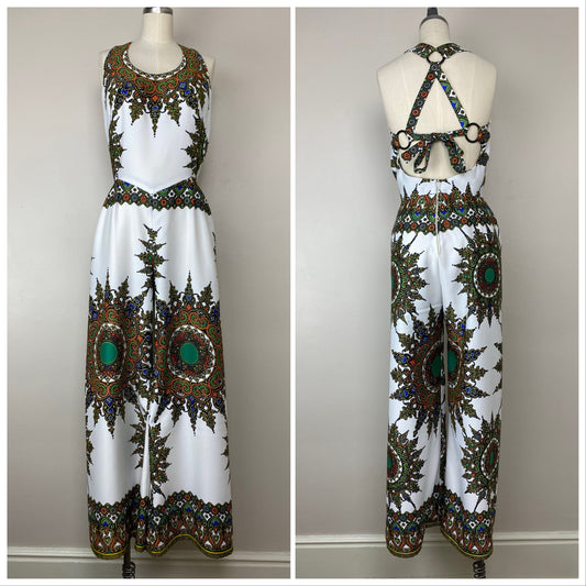 1970s Jack Hartley Jumpsuit, Boho Medallion Border Print, Size Medium
