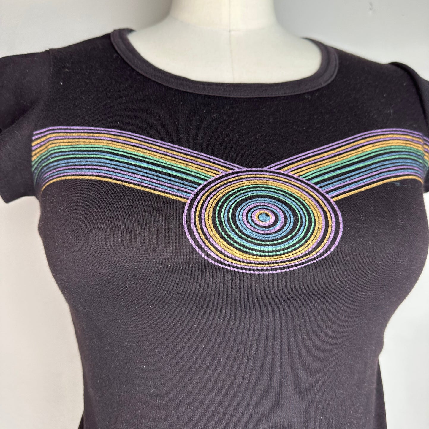 1970s Black French Cut Psychedelic Rainbow Tee, Size XS, Drawstring Waist