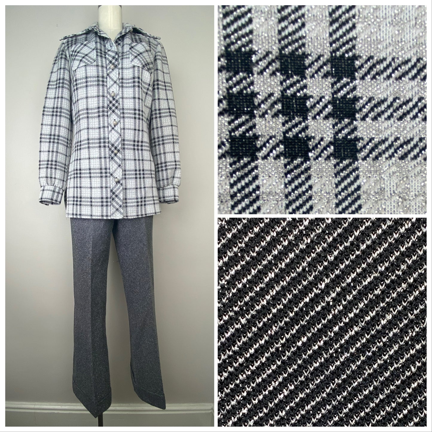 1970s Lurex Leisure Suit, Tucker Knits, Black and Silver Plaid Shirt Jacket and Diagonal Stripe Flare Leg Pants