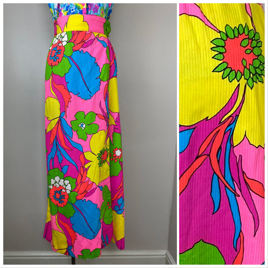 1960s/70s Neon Floral Wrap Maxi Skirt, Mel Mortman, Size XS, 24.5" Waist