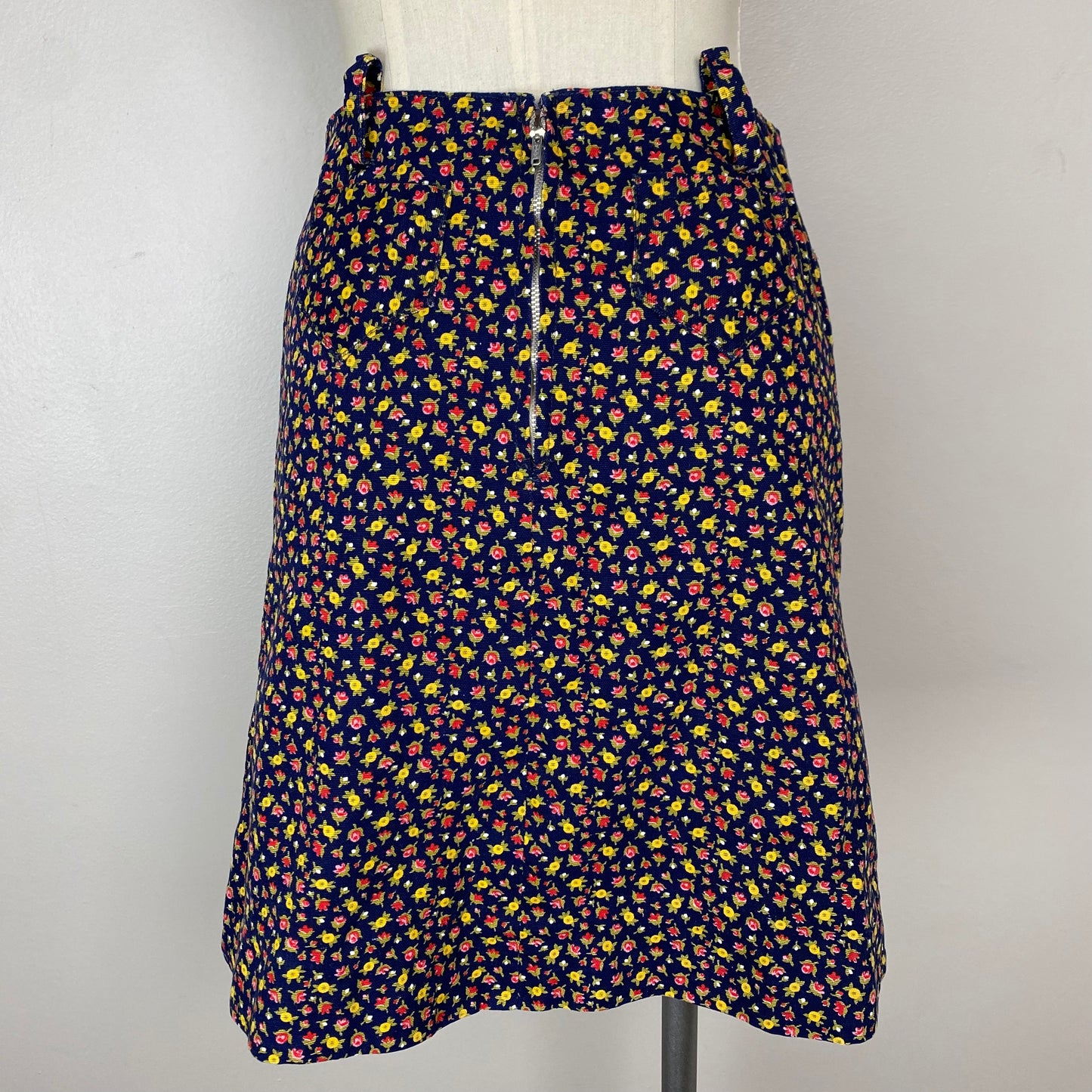 1960s Navy Blue Floral Mini Skirt, Handmade, Size Small