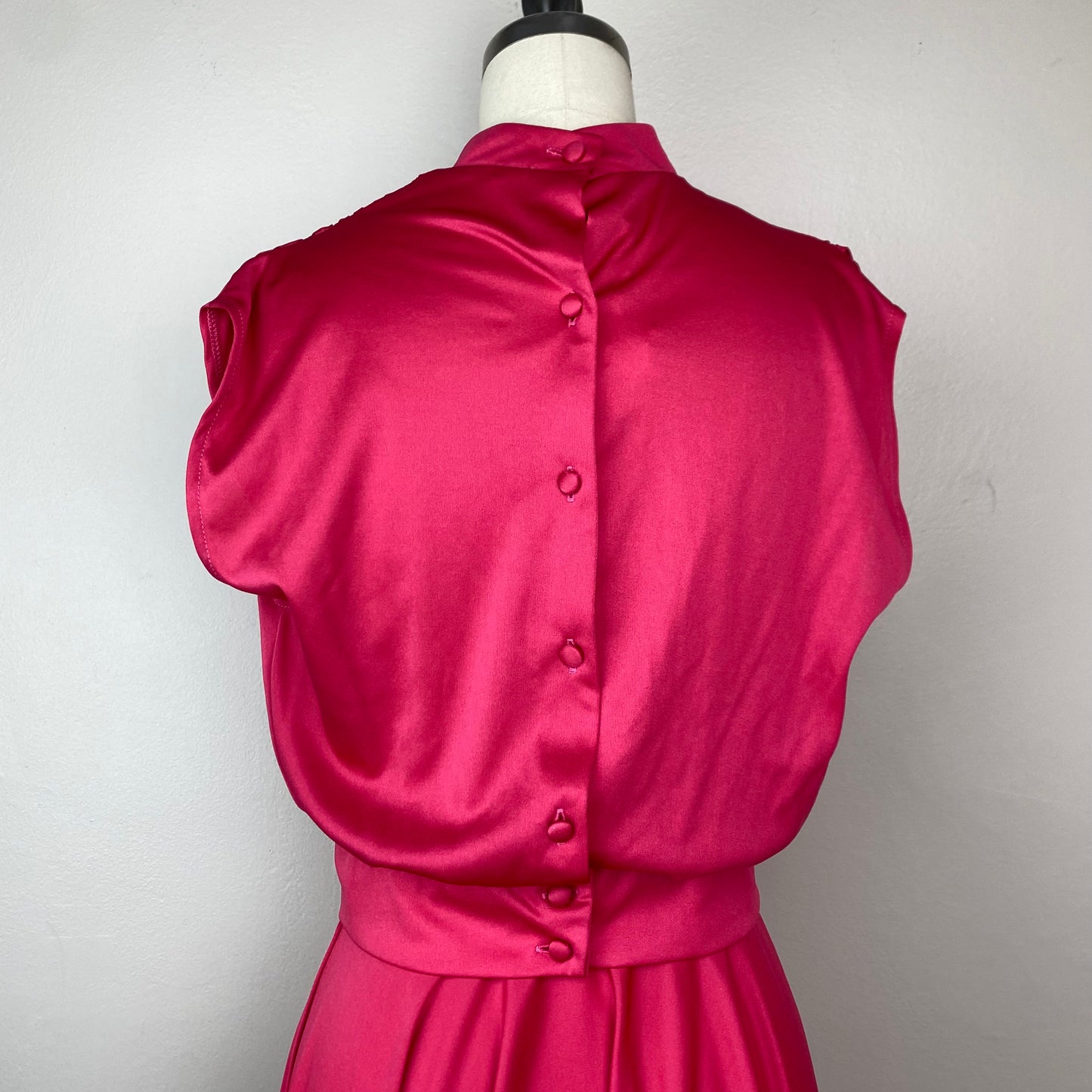 1970s Pink Disco Set, Size XS, Sleeveless Blouse and Midi Length Circle Skirt