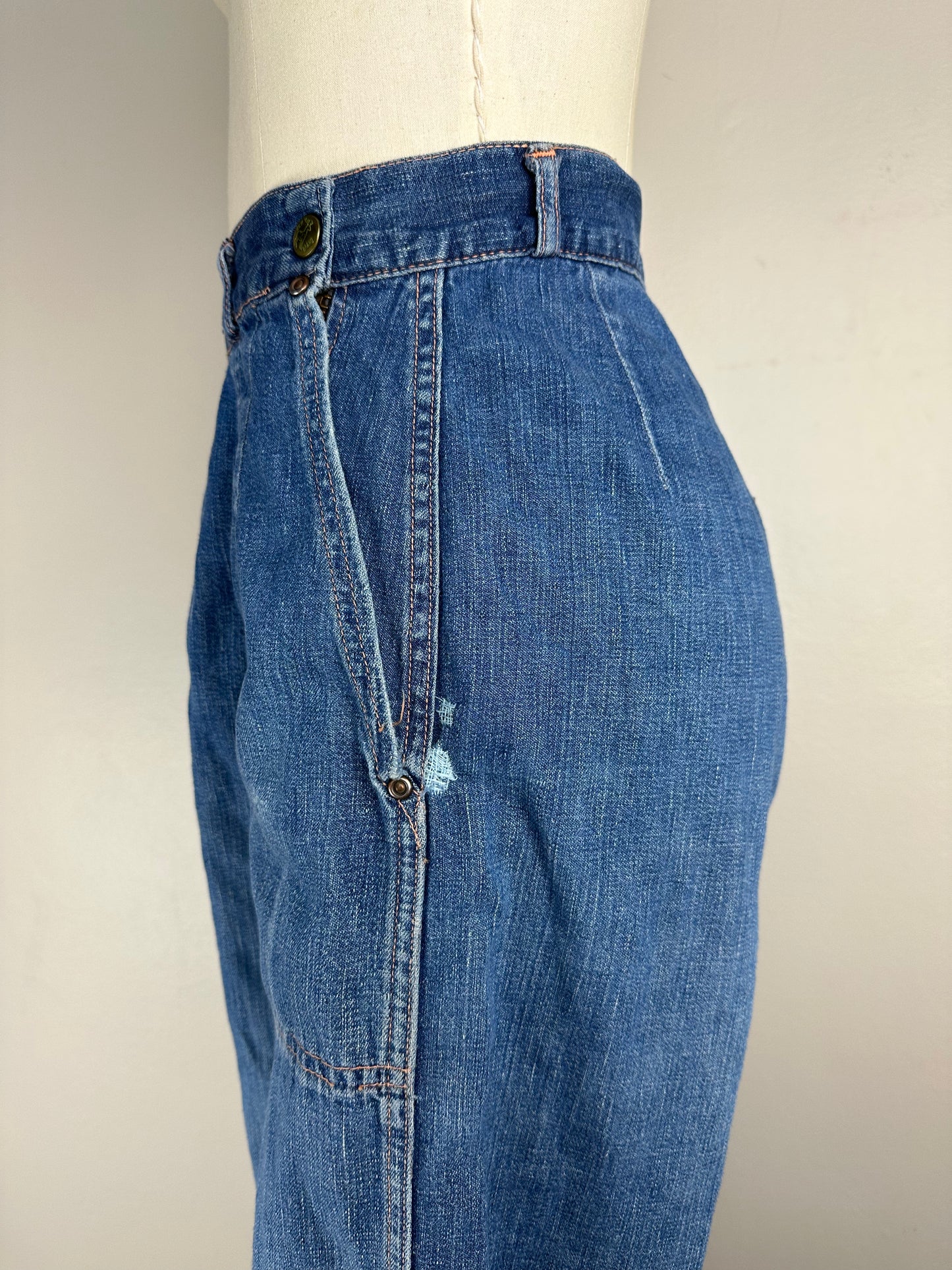 1950s Elk Brand Side Zip Blue Jeans, 28"x29.5", High Waisted