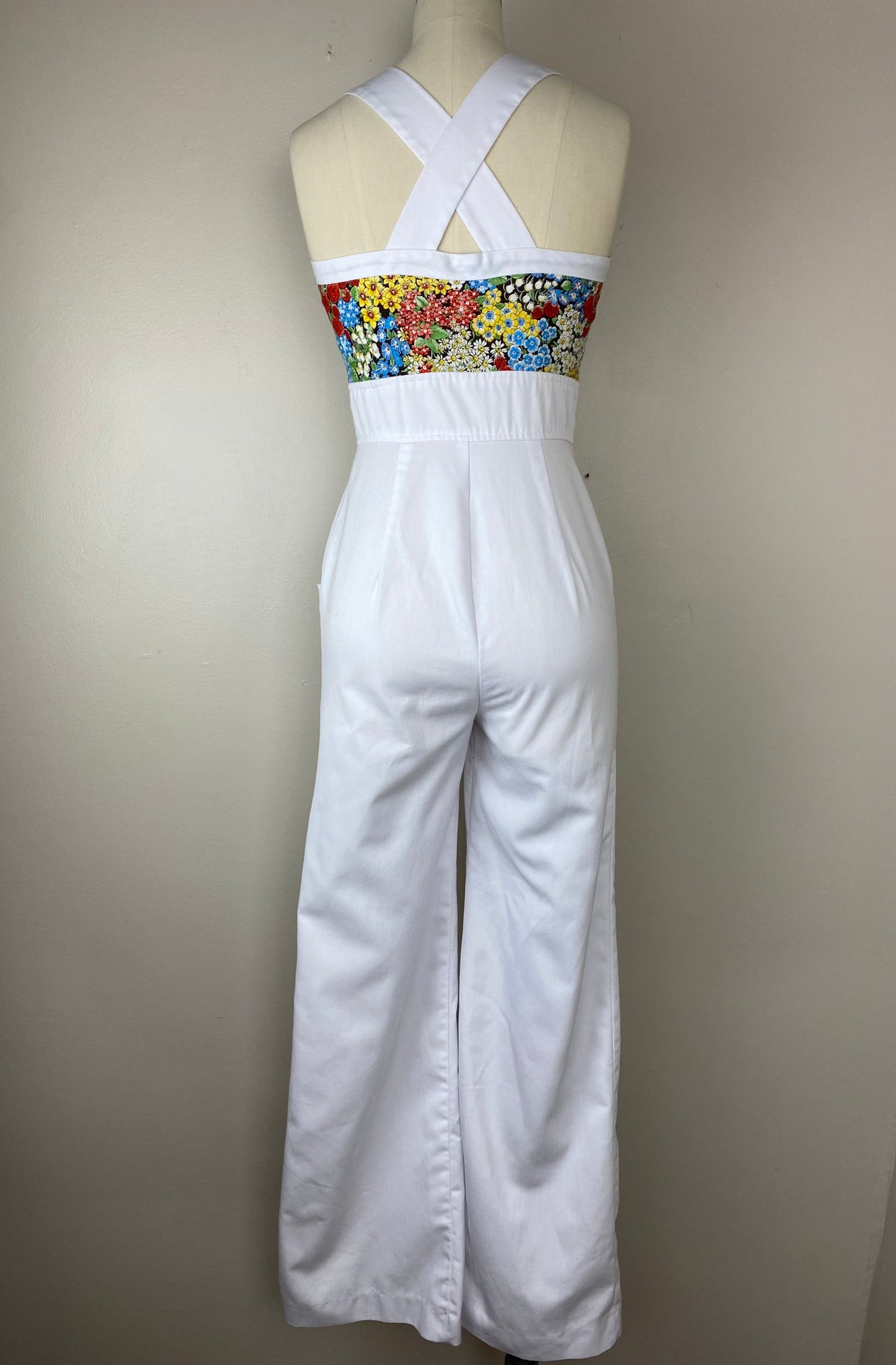 1970s Floral Appliqué Jumpsuit, Vicky Vaughn, Size XS, Flare Leg