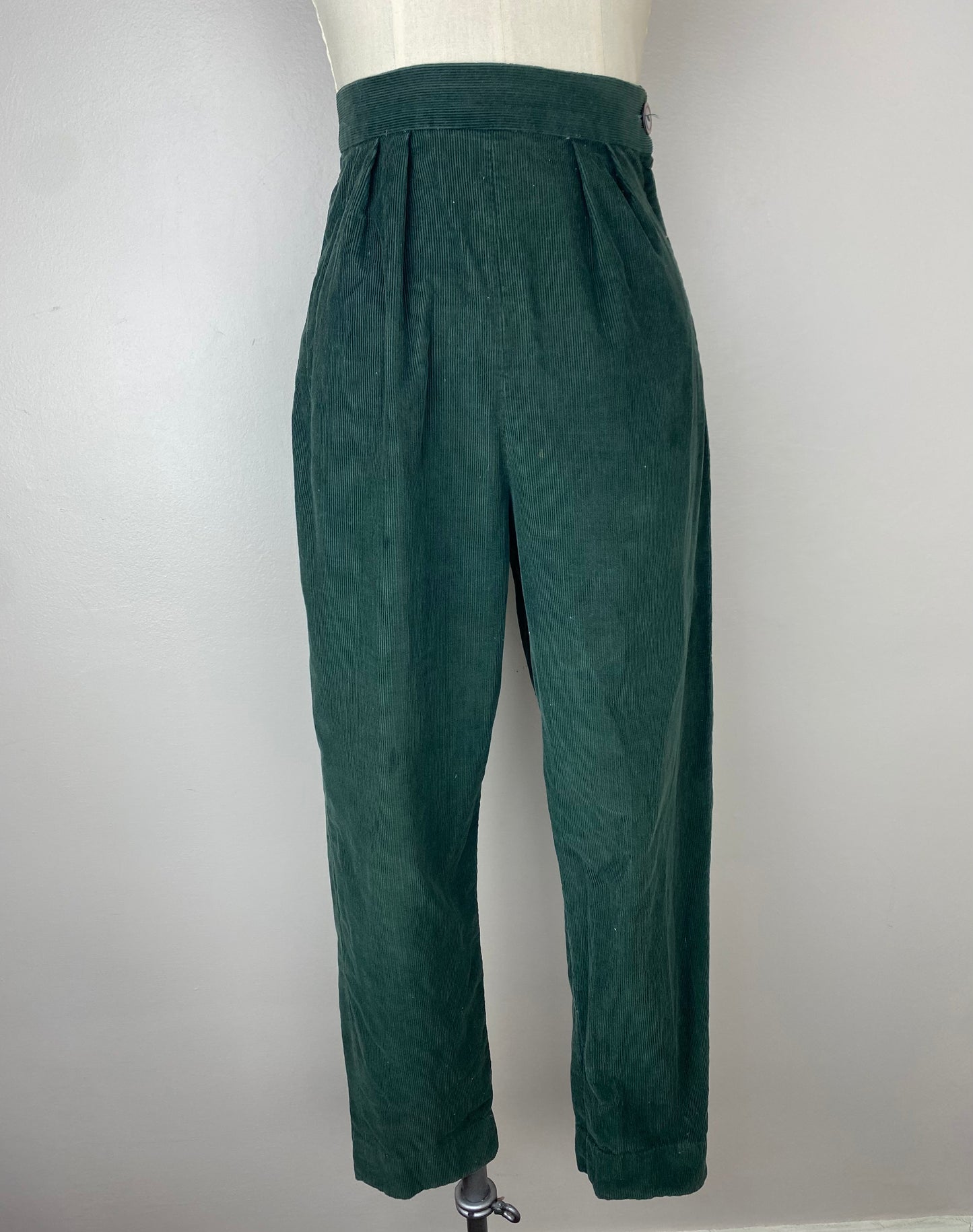 1950s Green Corduroy Pants, Size XS, Side Zip, Pleated, Cropped Tapered Leg