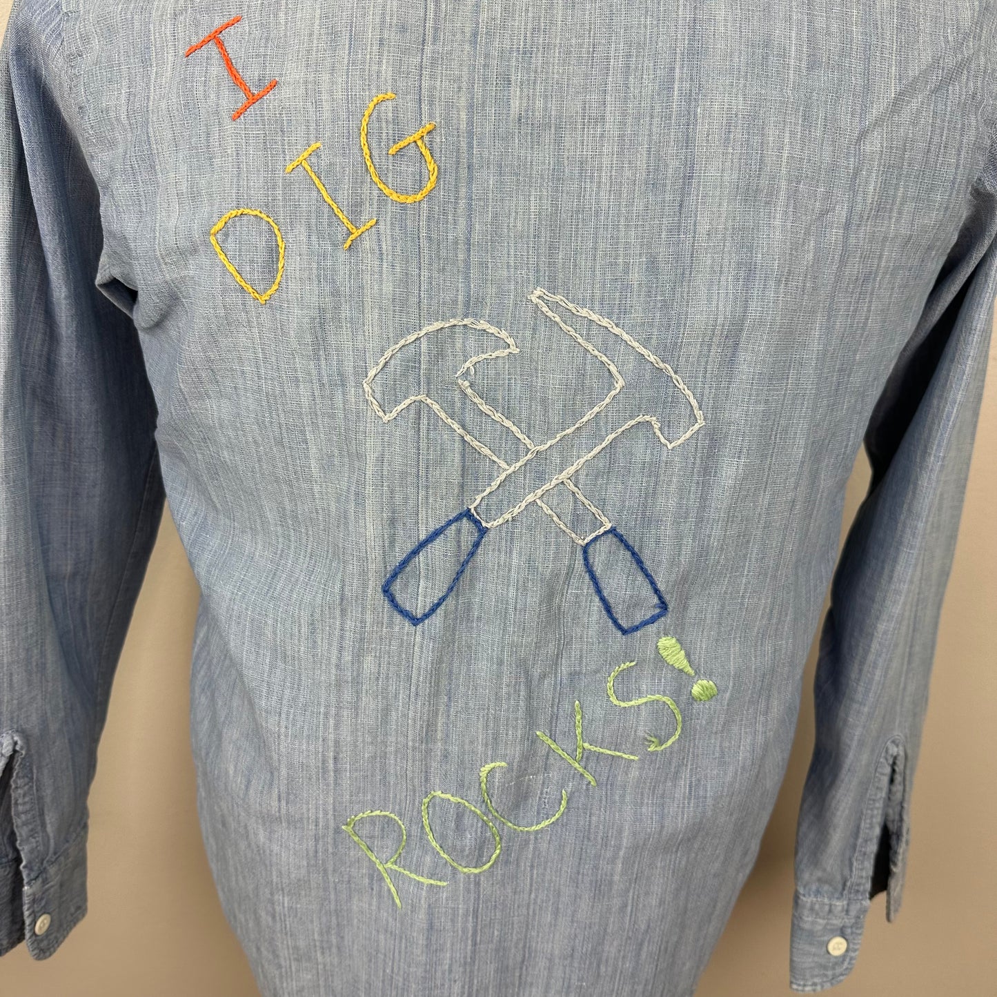 1970s Chambray Shirt with Embroidery, Golden Line Size Small, I Dig Rocks