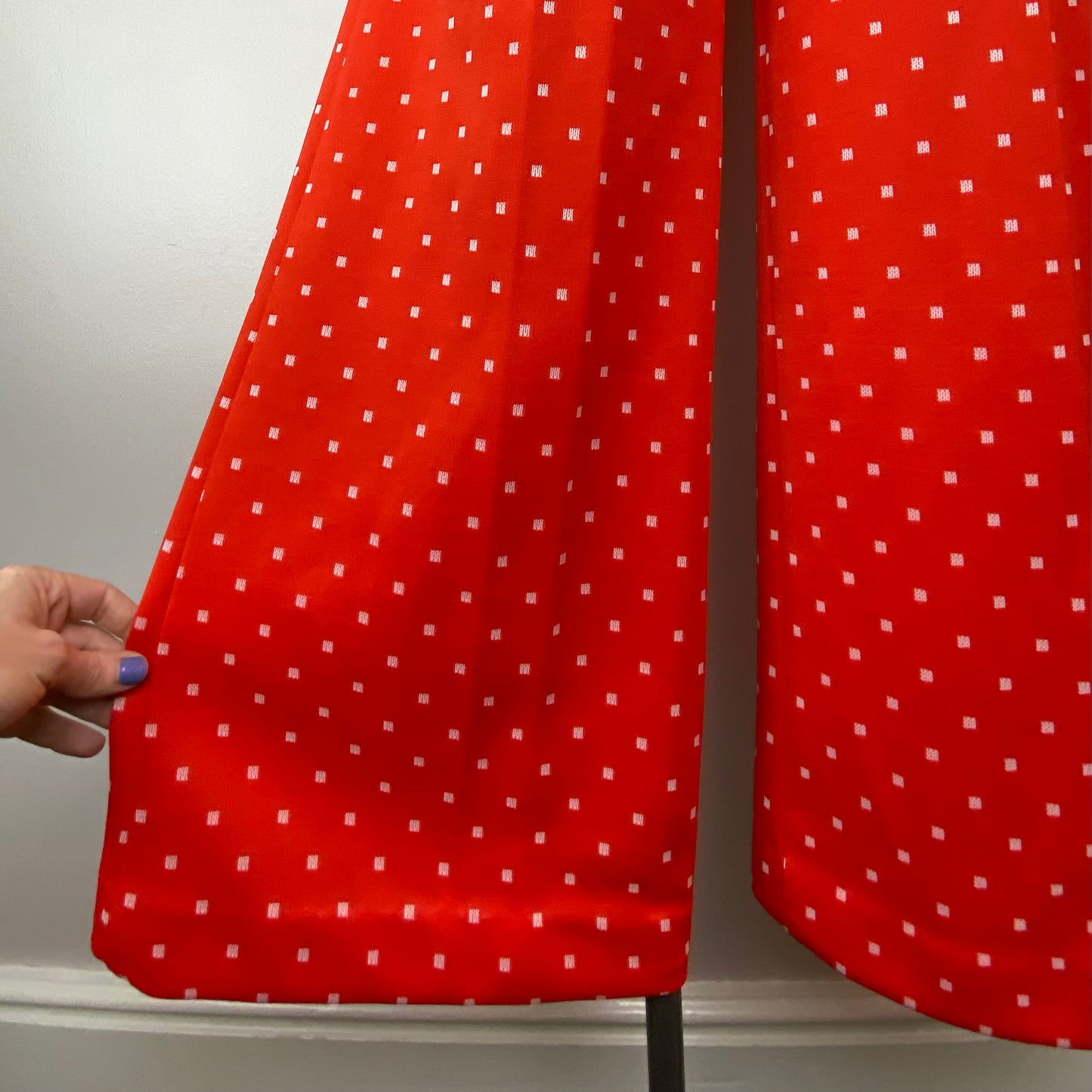 1970s Red Polka Dot Bell Bottom Pants, 27"x30.5"