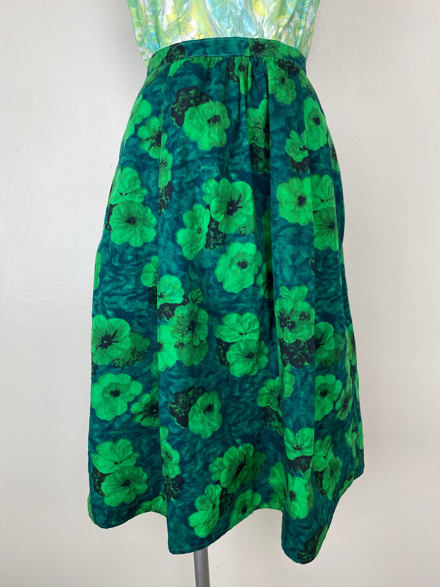 1960s Green Floral Skirt, Homemade, Size Small, 27.5" Waist