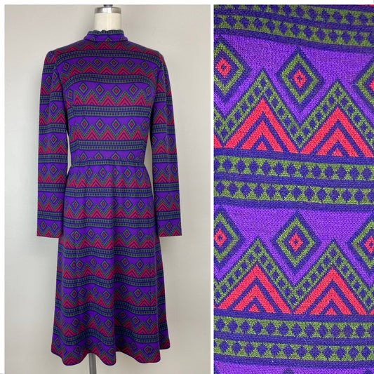 1970s Purple Dress, Size Small, Geometric Stripe
