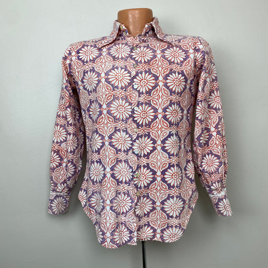 1960s/70s Hand Printed Floral Collared Shirt, Size S/M