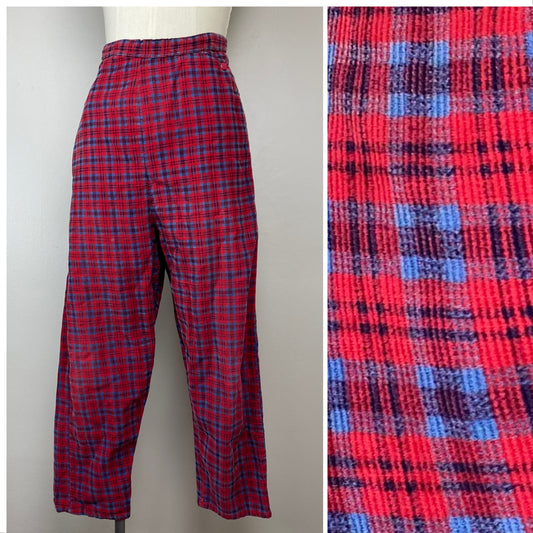1950s Red Plaid Corduroy Pants, 25"x22.5", High Waisted, Cropped Peg Leg