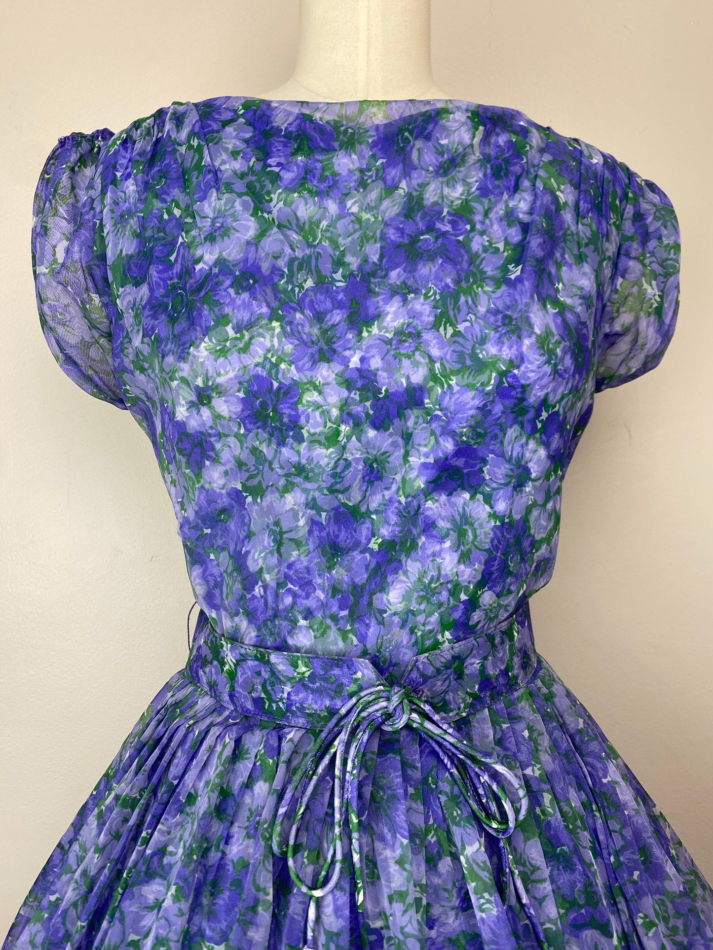 1950s Purple Floral Chiffon Party Dress, Size Medium,