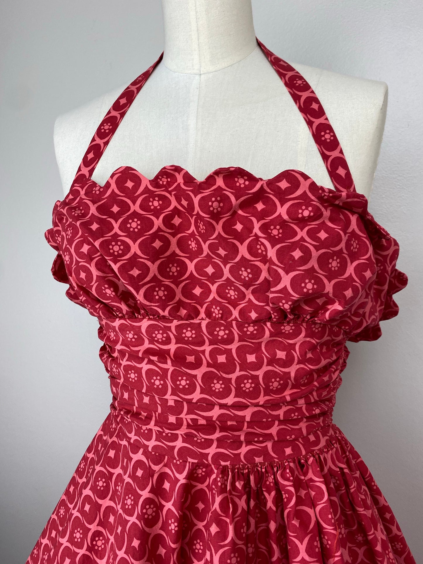 1940s/50s Tina Leser by Foreman Asymmetrical Halter Dress, Size XXS, Pink Geometric Print, Midi Length, Strapless