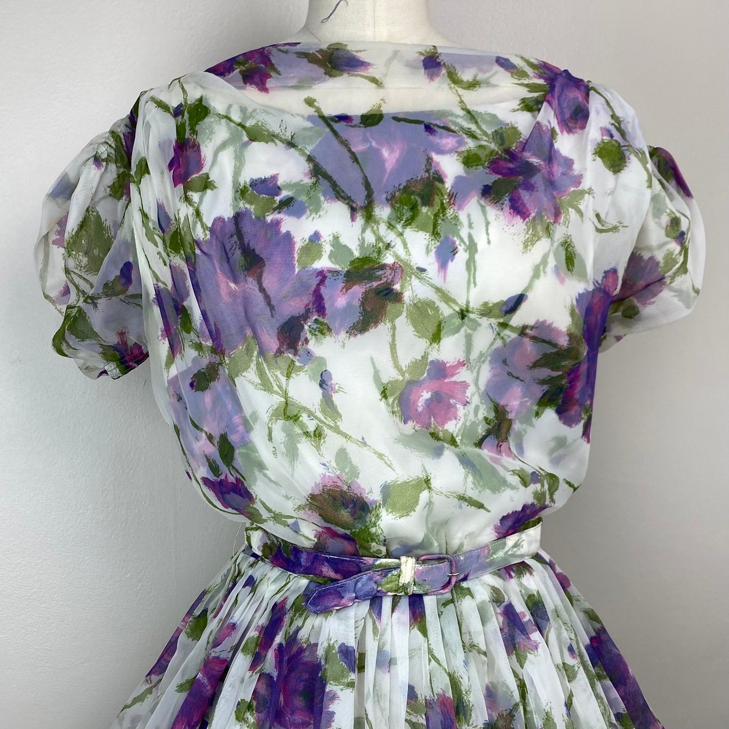 1950s Floral Chiffon Party Dress, Size Large